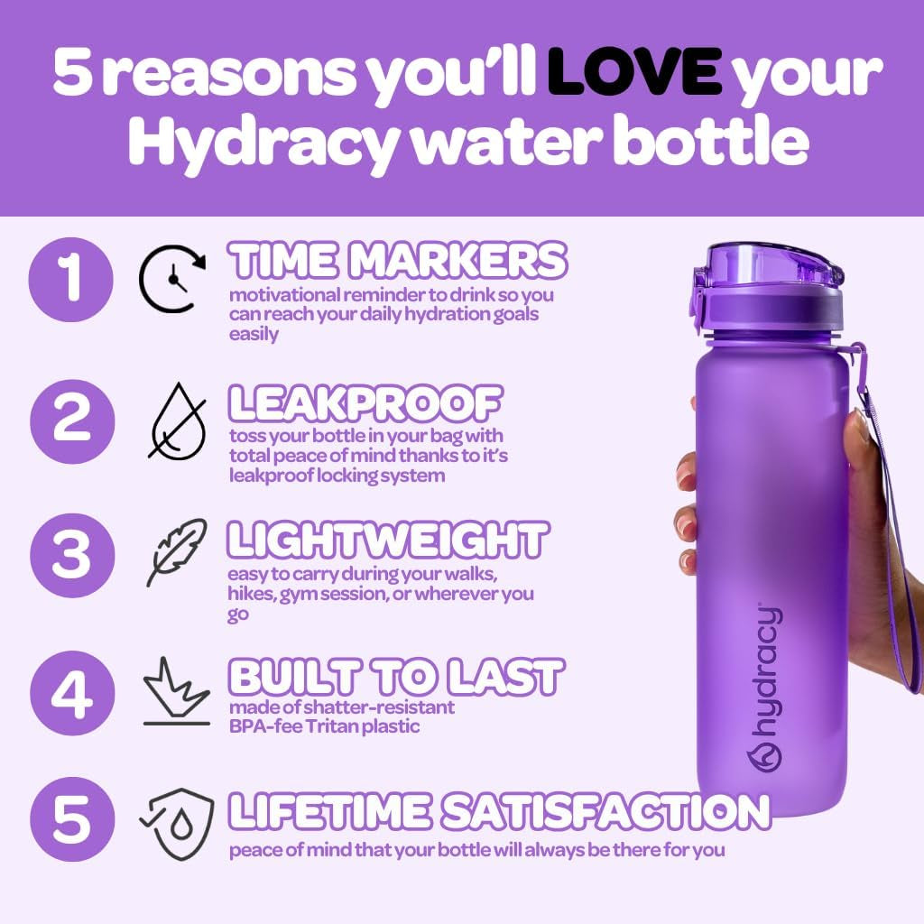 Water Bottle with Time Marker -Large BPA Free Water Bottle & No Sweat Sleeve -Leak Proof Gym Bottle with Fruit Infuser Strainer & Times to Drink -Ideal for Fitness Sports & Outdoors