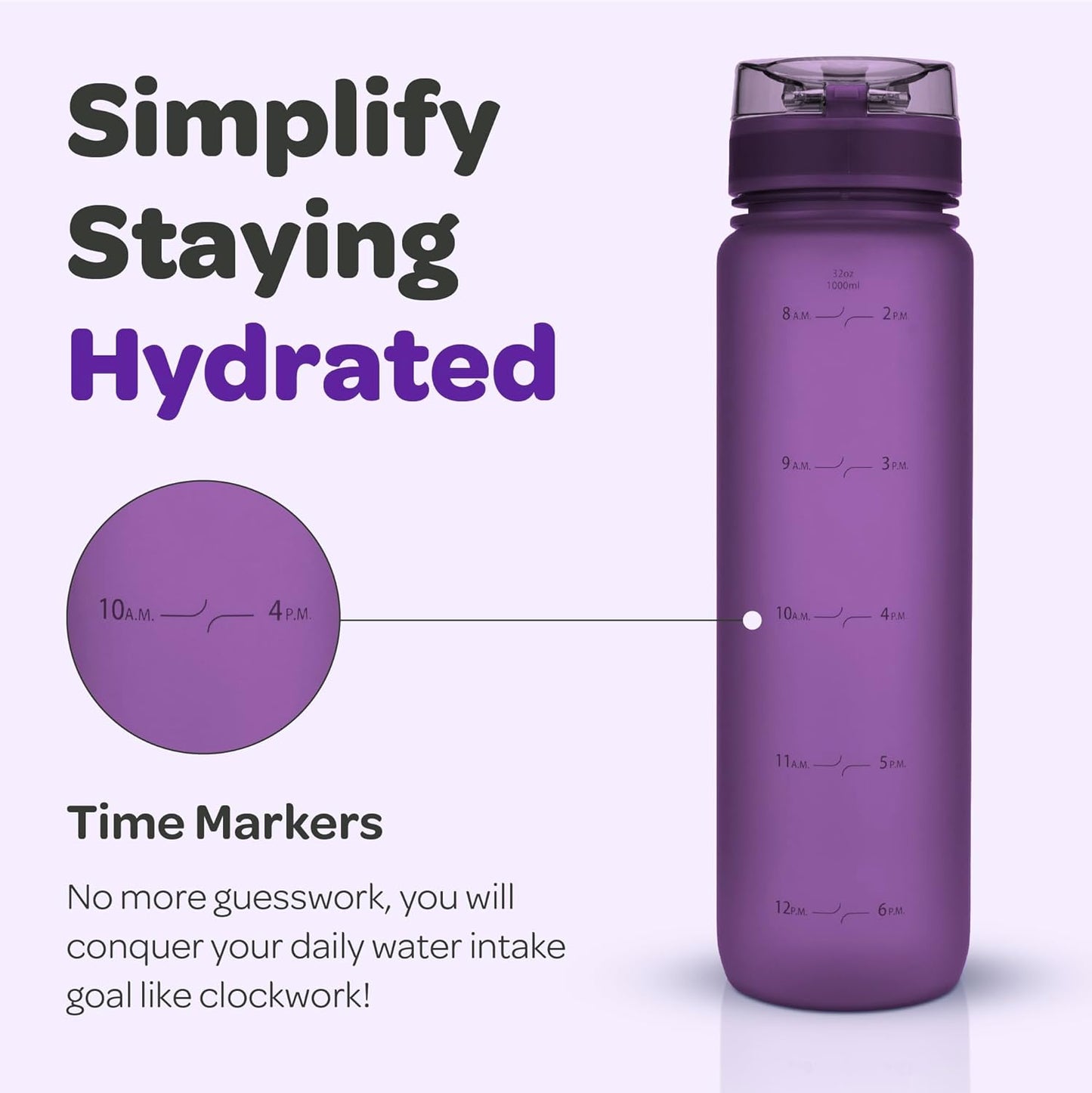 Water Bottle with Time Marker -Large BPA Free Water Bottle & No Sweat Sleeve -Leak Proof Gym Bottle with Fruit Infuser Strainer & Times to Drink -Ideal for Fitness Sports & Outdoors