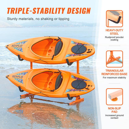 VEVOR Freestanding Kayak Storage Rack, Kayak Stand for 2 Kayak Canoe Paddleboard, Heavy-Duty Steel Kayak Hanger Holder with Padded Arms and Adjustable Width, 175LBS Max Load, for Indoor Outdoor Garage