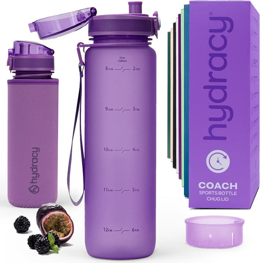 Water Bottle with Time Marker -Large BPA Free Water Bottle & No Sweat Sleeve -Leak Proof Gym Bottle with Fruit Infuser Strainer & Times to Drink -Ideal for Fitness Sports & Outdoors
